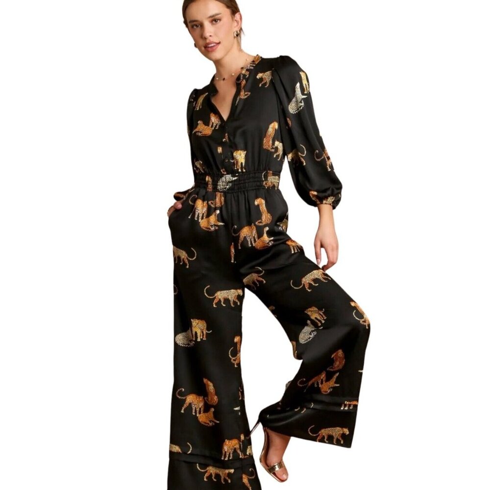Umgee My Wildest Dreams Leopard Jumpsuit Size Small Black Wide Leg Cheetah Satin